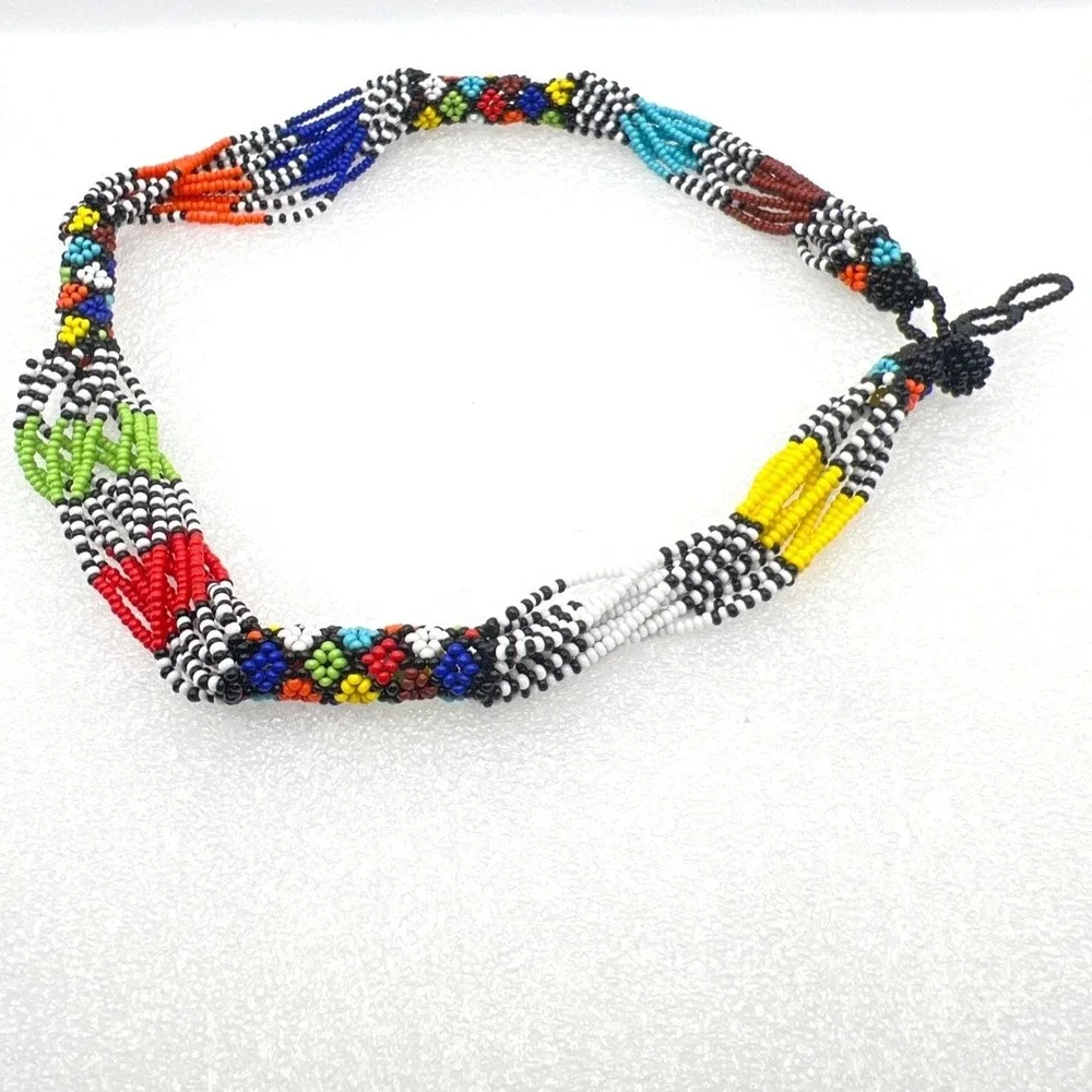 Ethnic Beaded Necklace Floral Geometric Colorful Adjustable Loop Closure Artisan